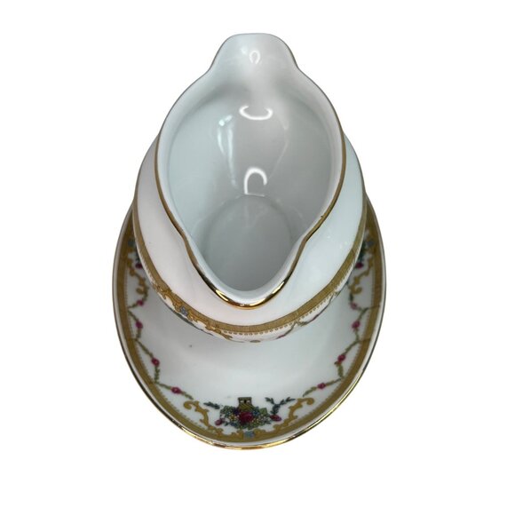 VTG Royal Bayreuth Bavaria Gravy Boat W/ Attached Plate Gold Trim Floral - Picture 4 of 13